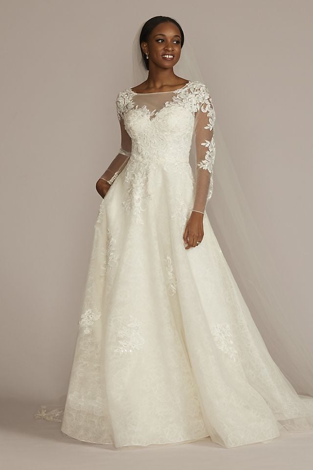 Vestido de novia princesa con mangas largas con aplicaciones de encaje, MARFIL, hi-res