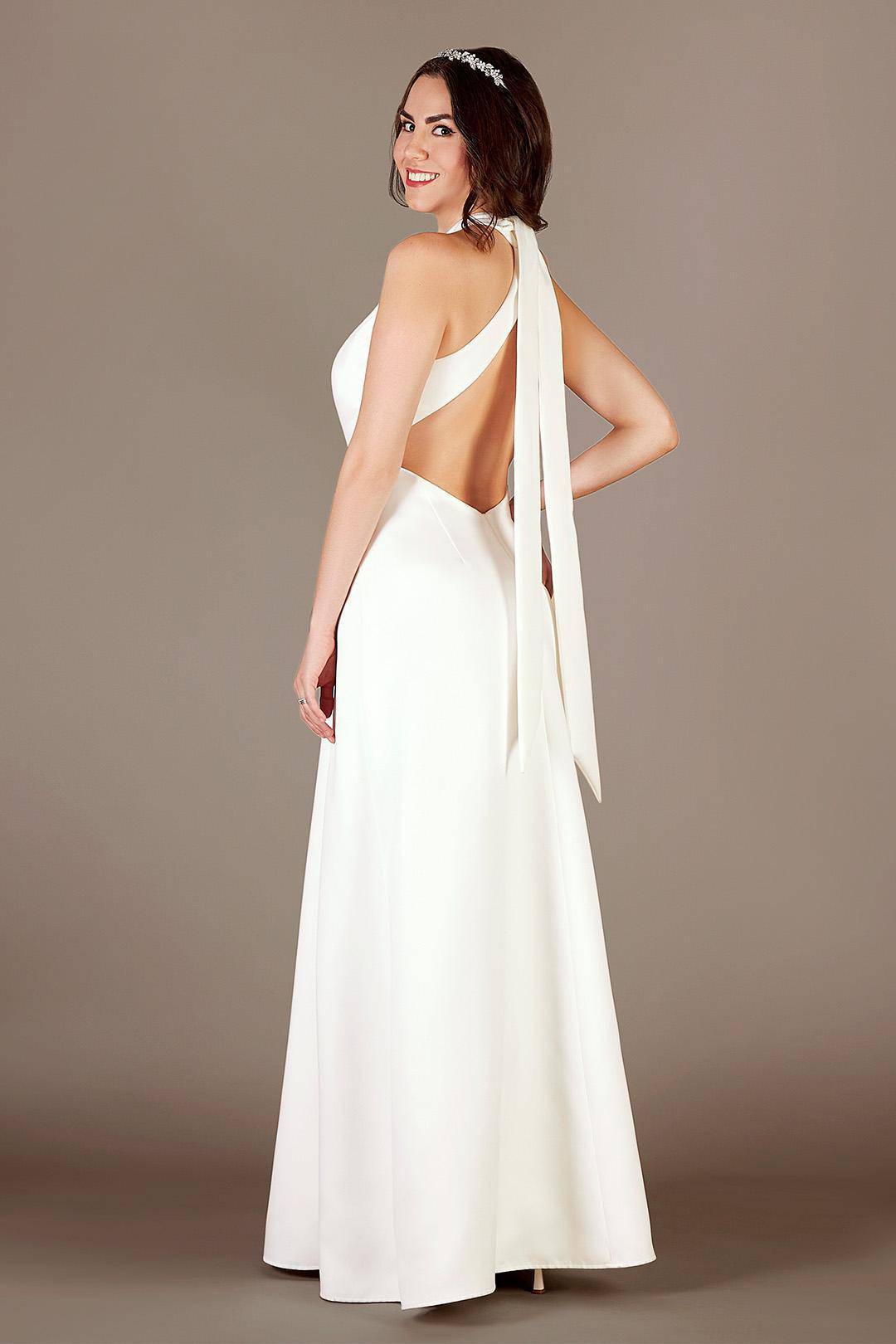 Vestido de novia halter con escote y moño en espalda, BLANCO SUAVE, hi-res