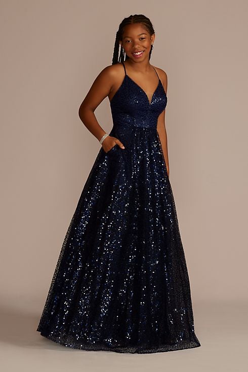 Vestido largo de lentejuela con escote en V y silueta princesa, NAVAL, hi-res