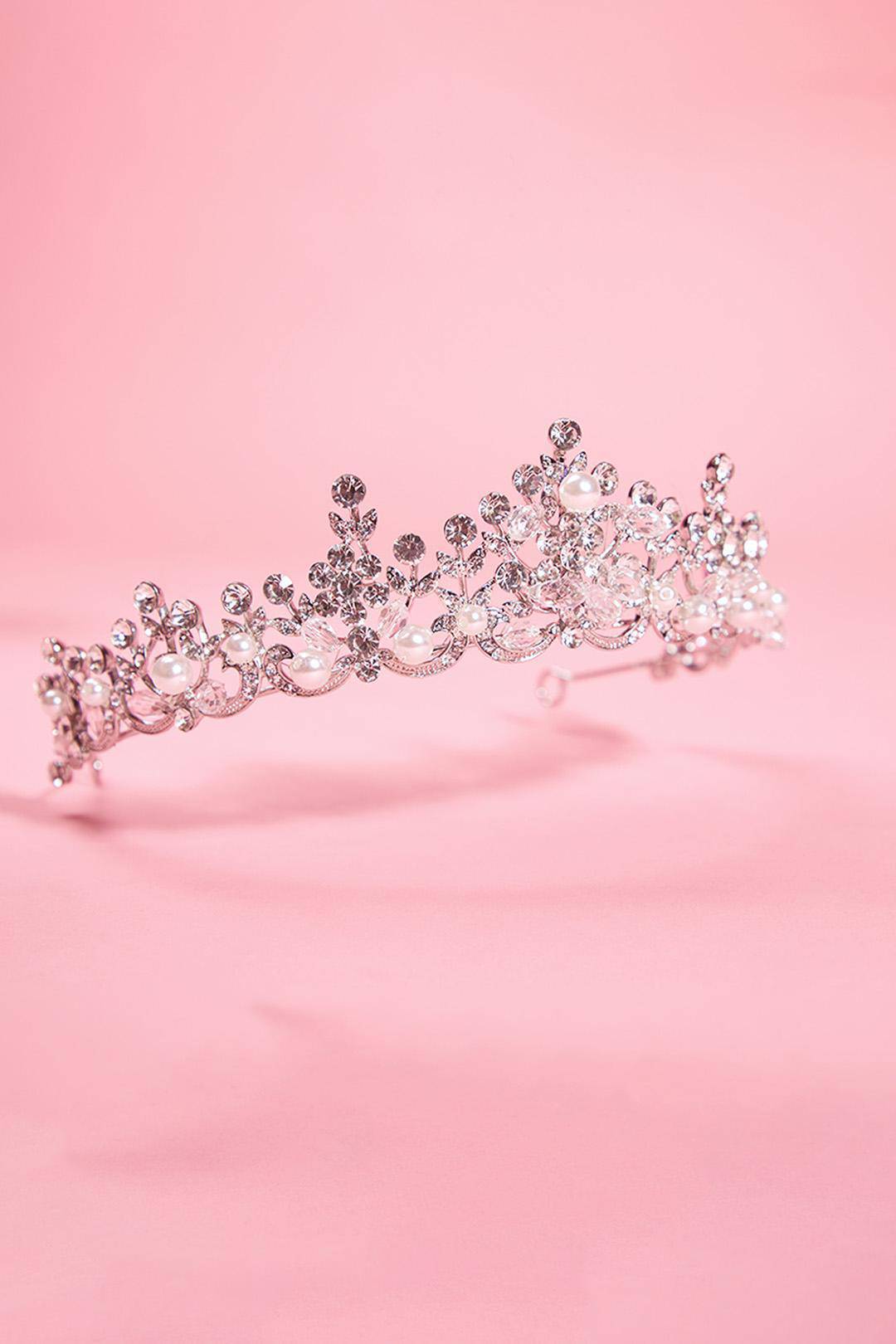 Tiara floral con cristales y perlas, PLATA, hi-res