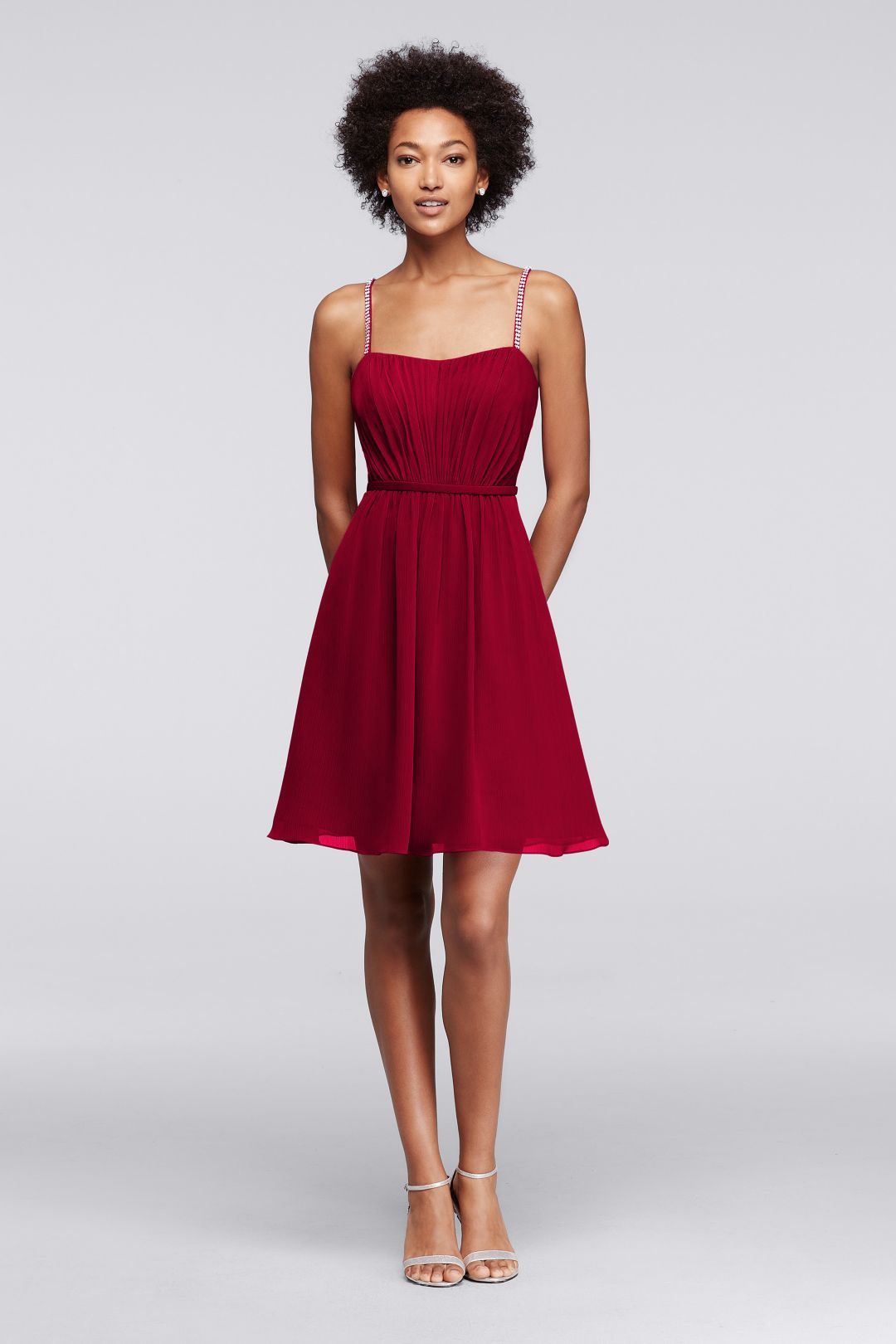 Vestido de dama corto con tirantes de pedrería, MANZANA, hi-res