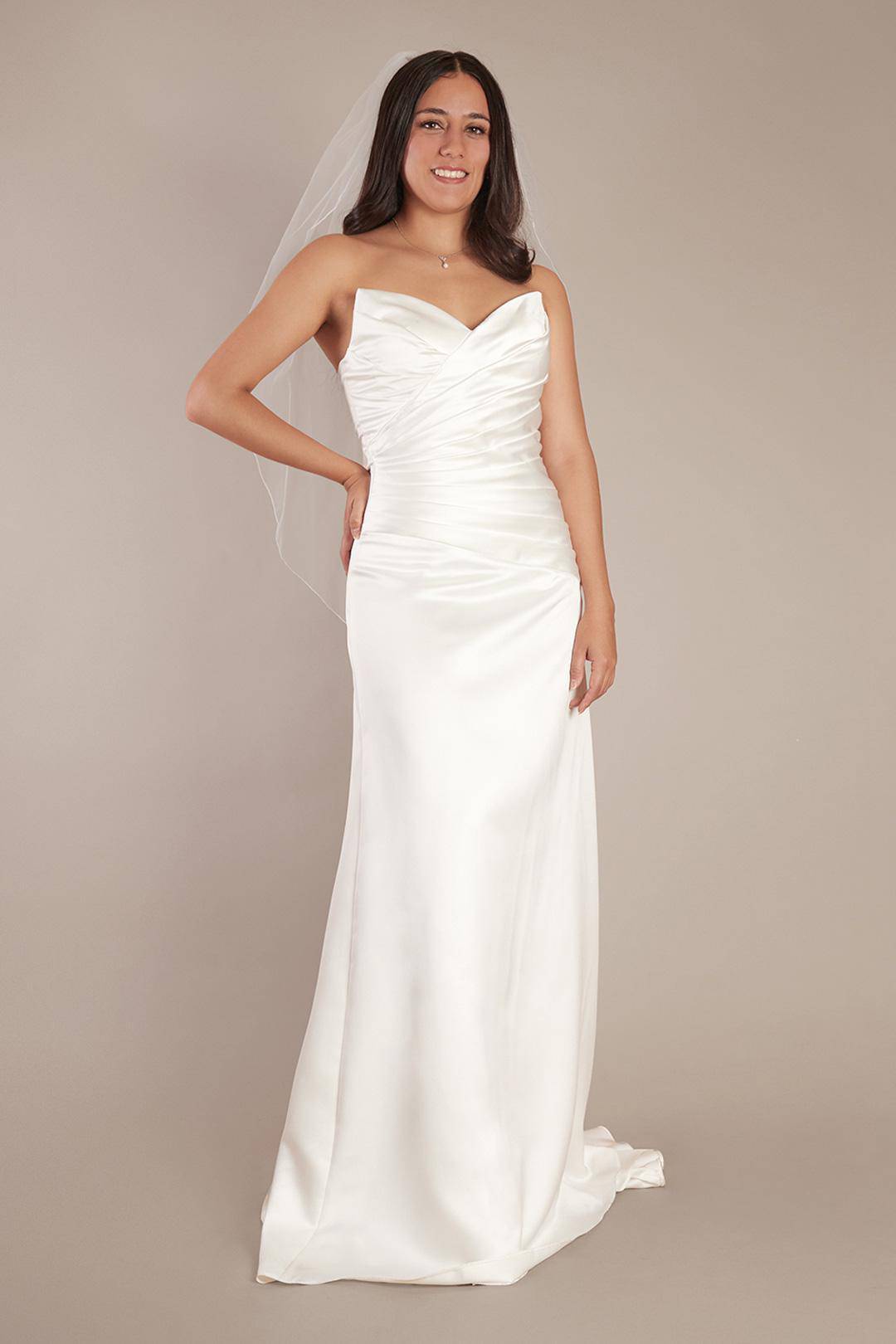 Vestido de novia recto con escote fruncido, BLANCO SUAVE, hi-res