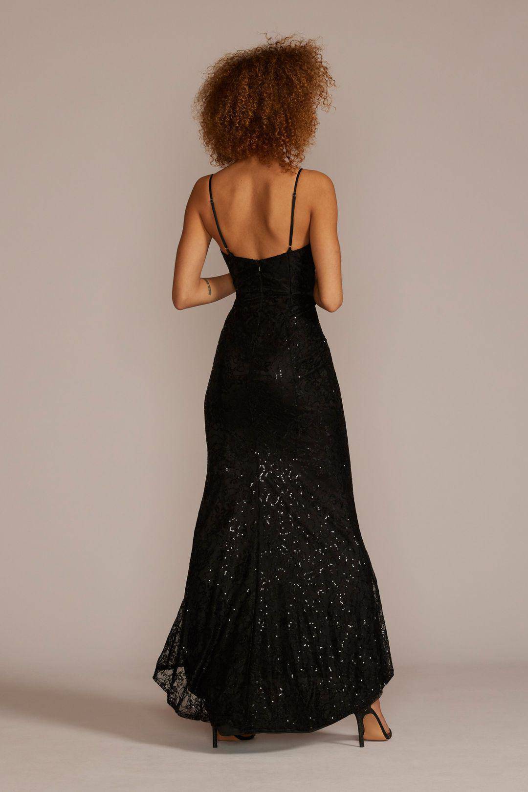 Vestido largo de encaje con aplicaciones brillantes y escote en V profundo, NEGRO, hi-res