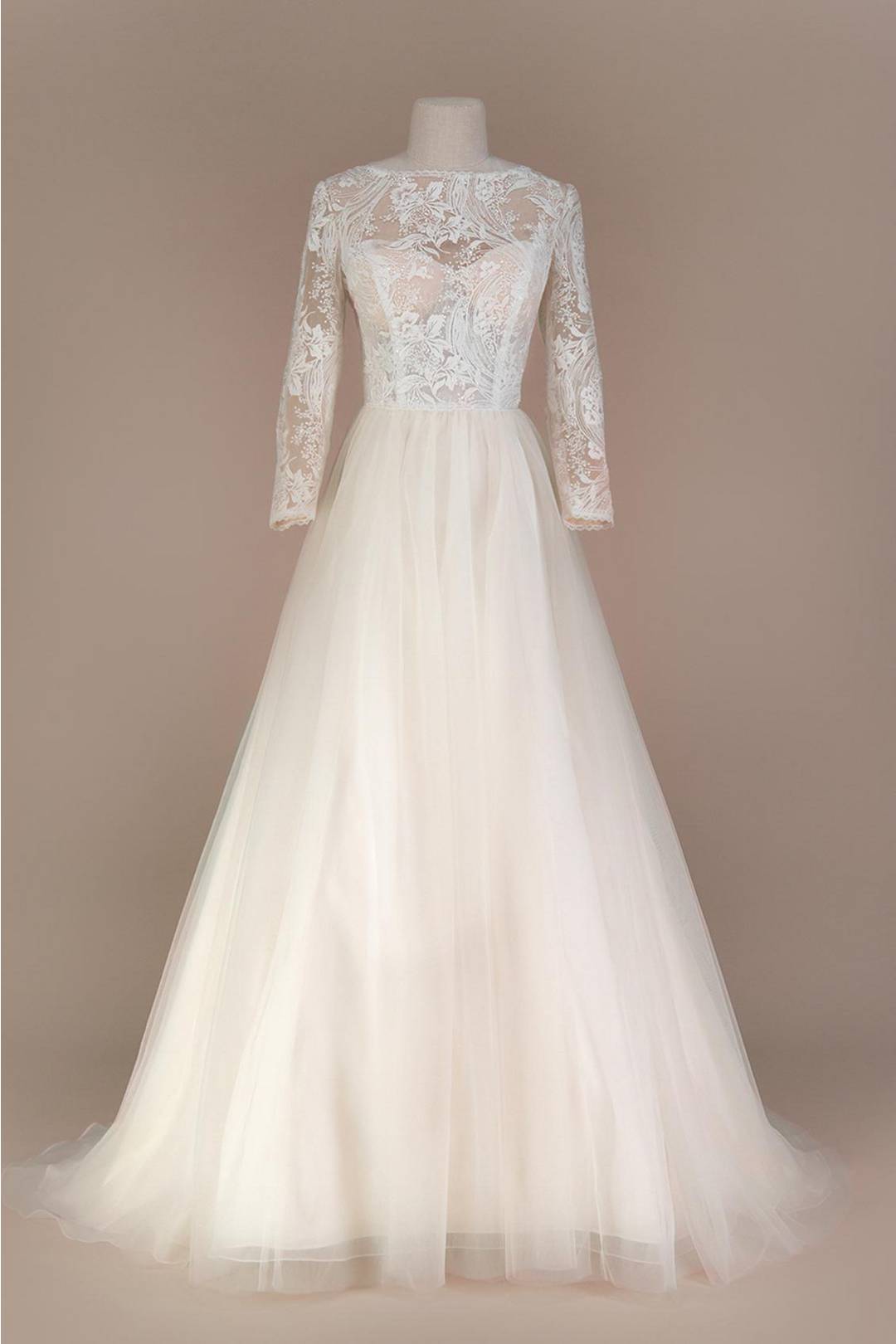 Vestido de novia princesa con mangas largas de encaje, MARFIL, hi-res