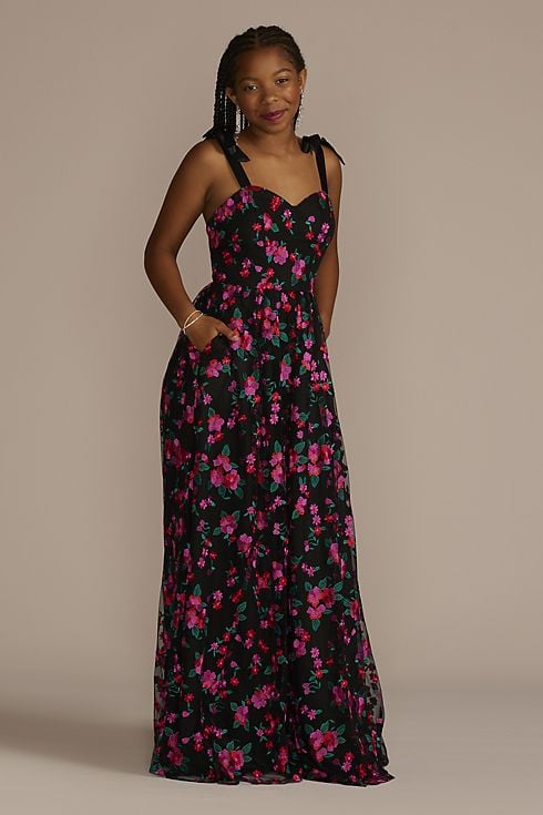 Vestido largo de tul con aplicaciones florales de encaje bordado y tirantes ajustables, ESTAMPADO FLORAL, hi-res