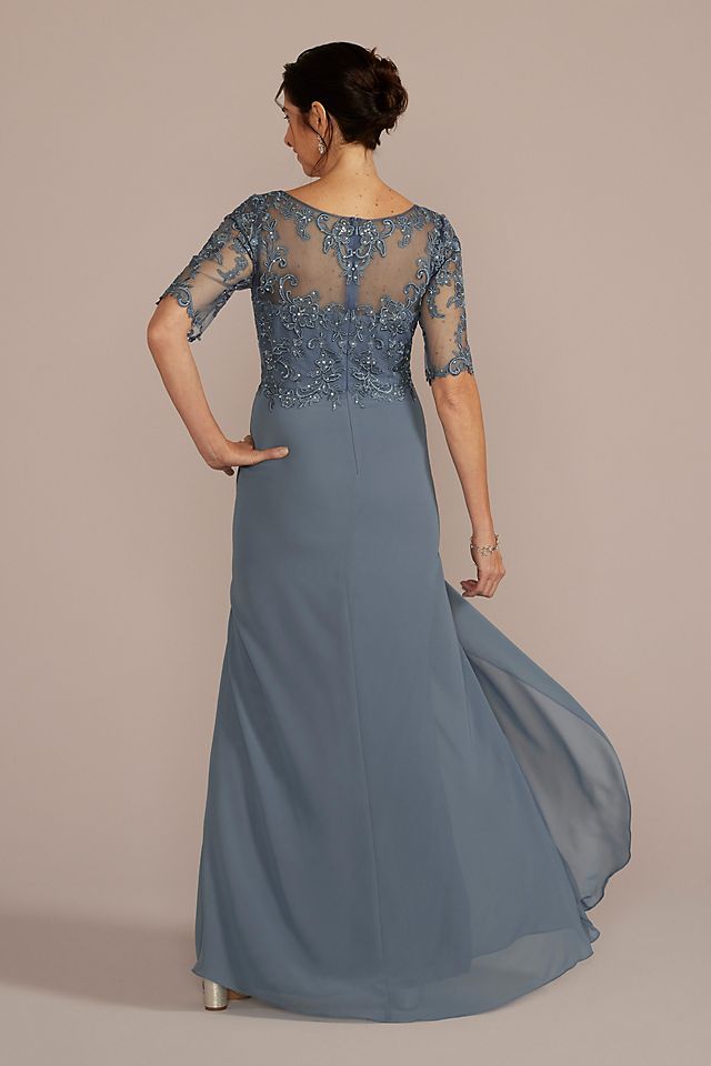 Vestido largo de mangas tres cuartos con transparencia y aplicaciones de bordadas con pedrería, AZUL FRANCÉS, hi-res
