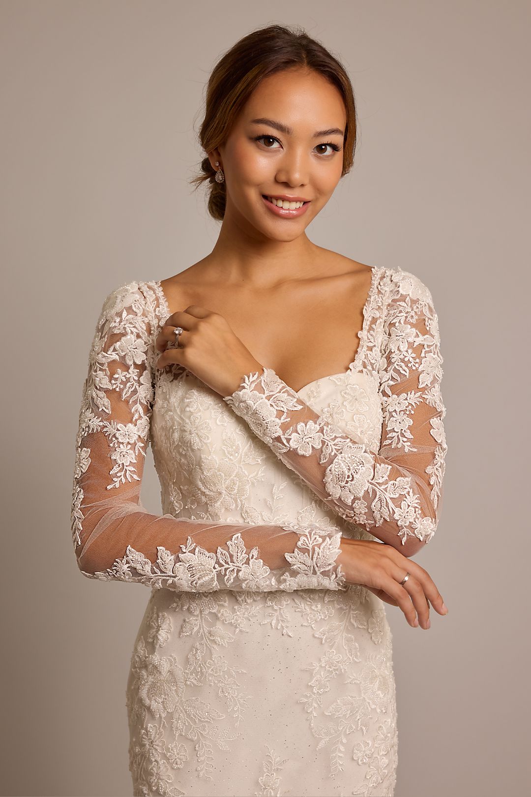 Vestido de novia sirena con mangas largas de encaje, MARFIL/PIEDRA, hi-res