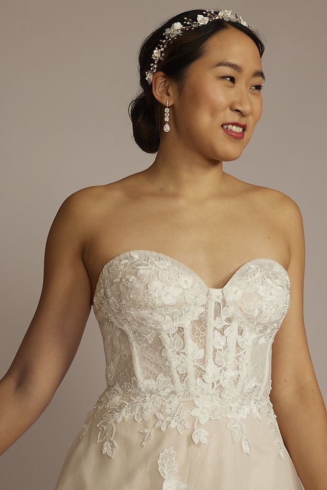 Vestido de novia strapless con corset y mangas desmontables, MARFIL/PIEDRA, hi-res