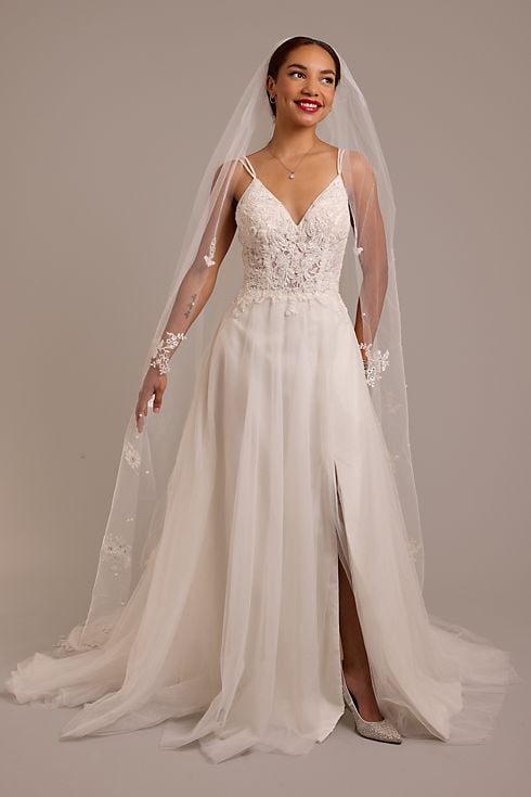 Vestido de novia línea A con aplicaciones de encaje, MARFIL, hi-res