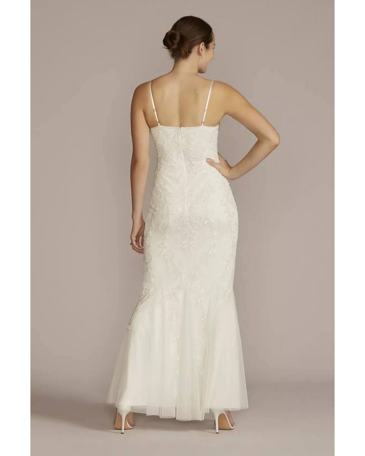 Vestido de novia con corte entallado y godet de flores y cuentas, BLANCO SUAVE, hi-res