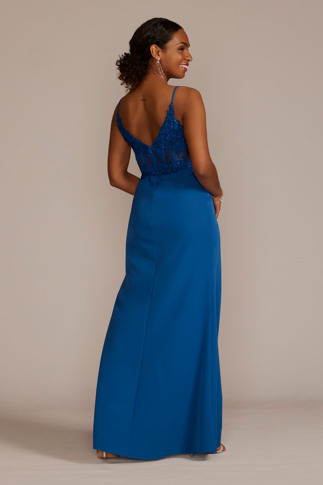 Vestido largo de corset con transparencia y aplicaciones bordadas con pedrería, ZAFIRO, hi-res