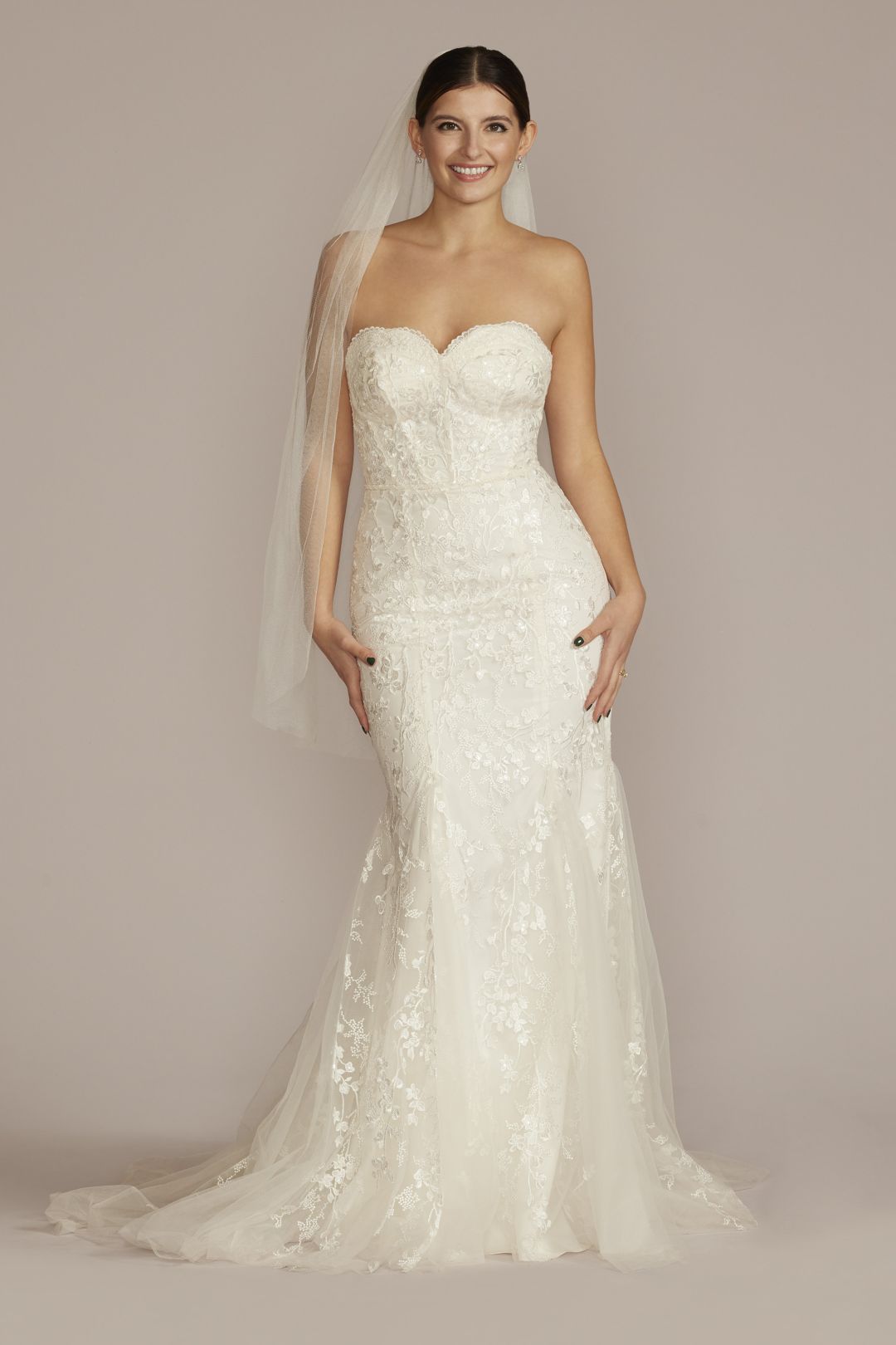 Vestido de novia sirena strapless con encaje floral, MARFIL, hi-res