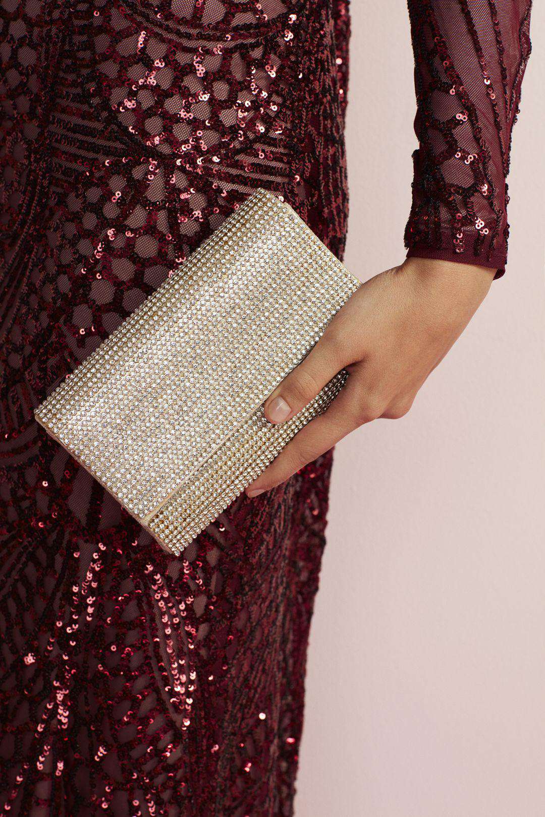 Bolsa clutch con cristales, ORO, hi-res