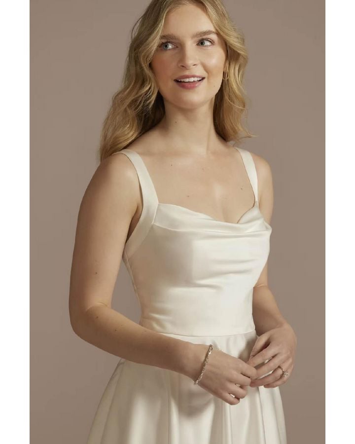 Vestido de novia midi con plisado en escote, BLANCO SUAVE, hi-res