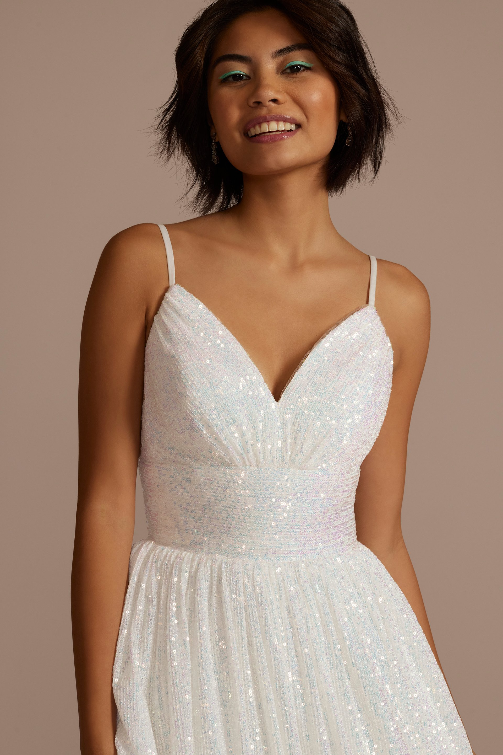 Vestido largo de lentejuela con plisado en cintura y silueta princesa, BLANCO, hi-res