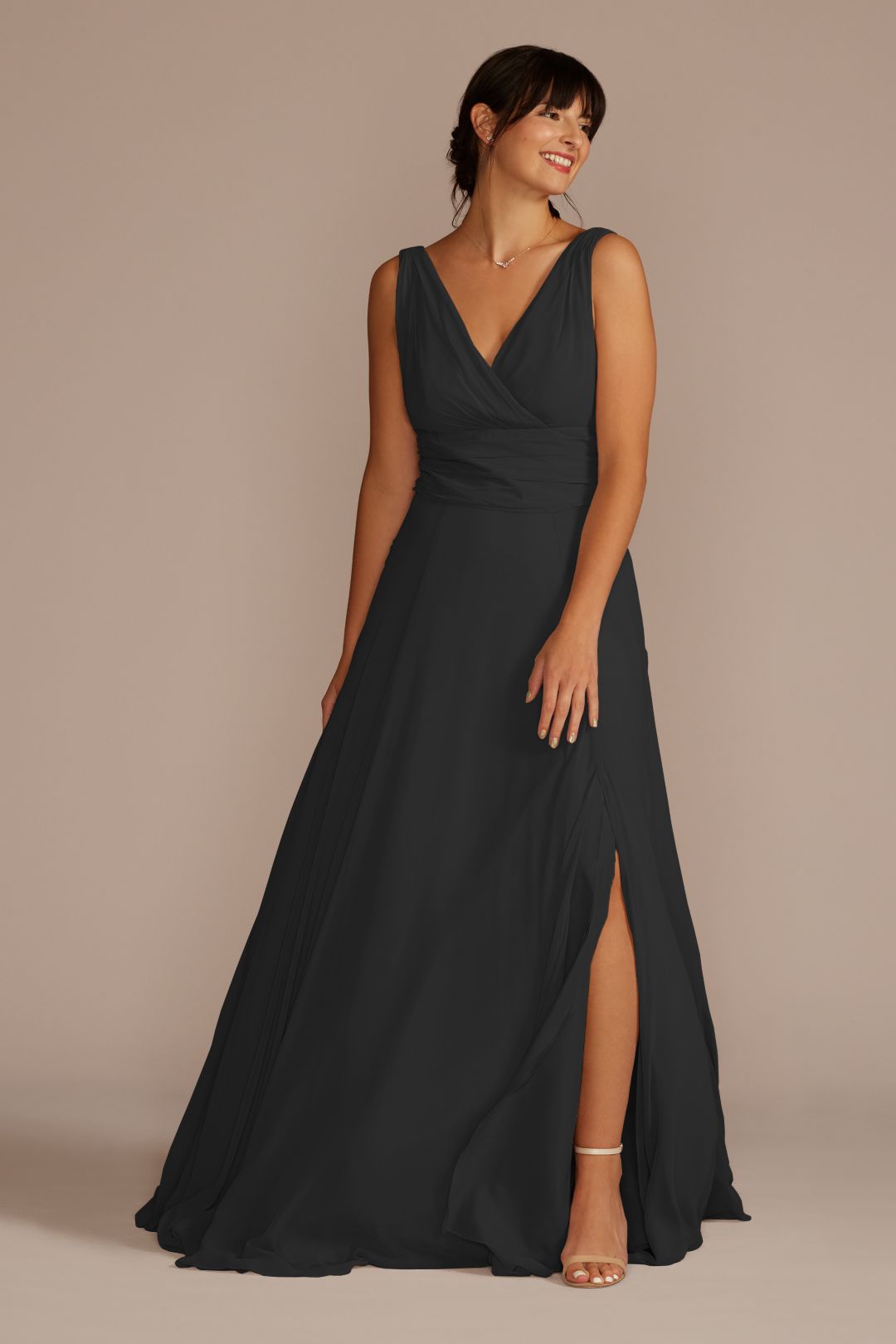 Vestido de dama con plisado en cintura, NEGRO, hi-res