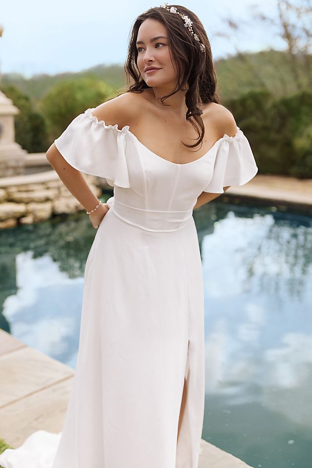 Vestido de novia línea A con mangas al hombro y abertura en pierna, BLANCO SUAVE, hi-res