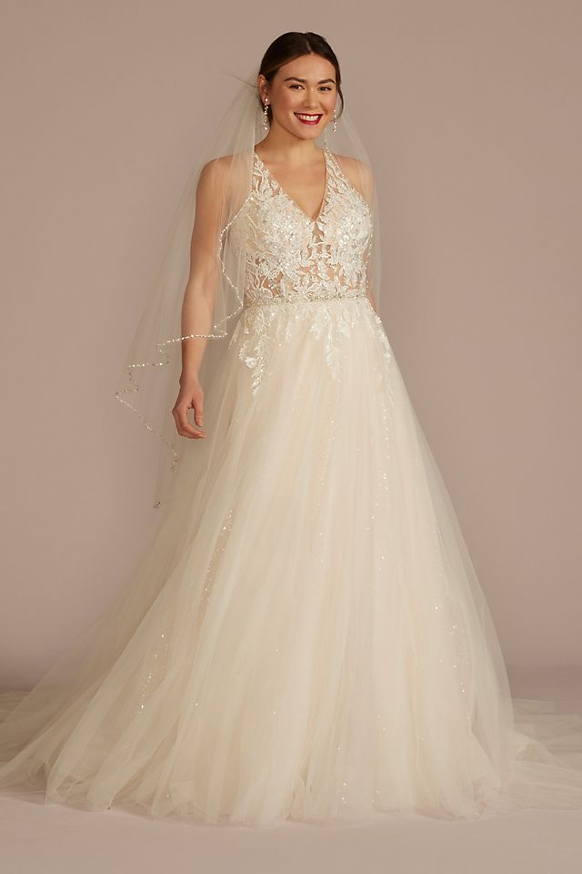 Vestido de novia línea A con aplicaciones de pedrería y escote halter, MARFIL/PIEDRA, hi-res