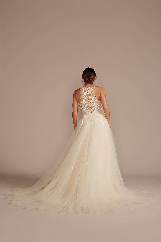 Vestido de novia línea A con aplicaciones de pedrería y escote halter, MARFIL/PIEDRA, hi-res