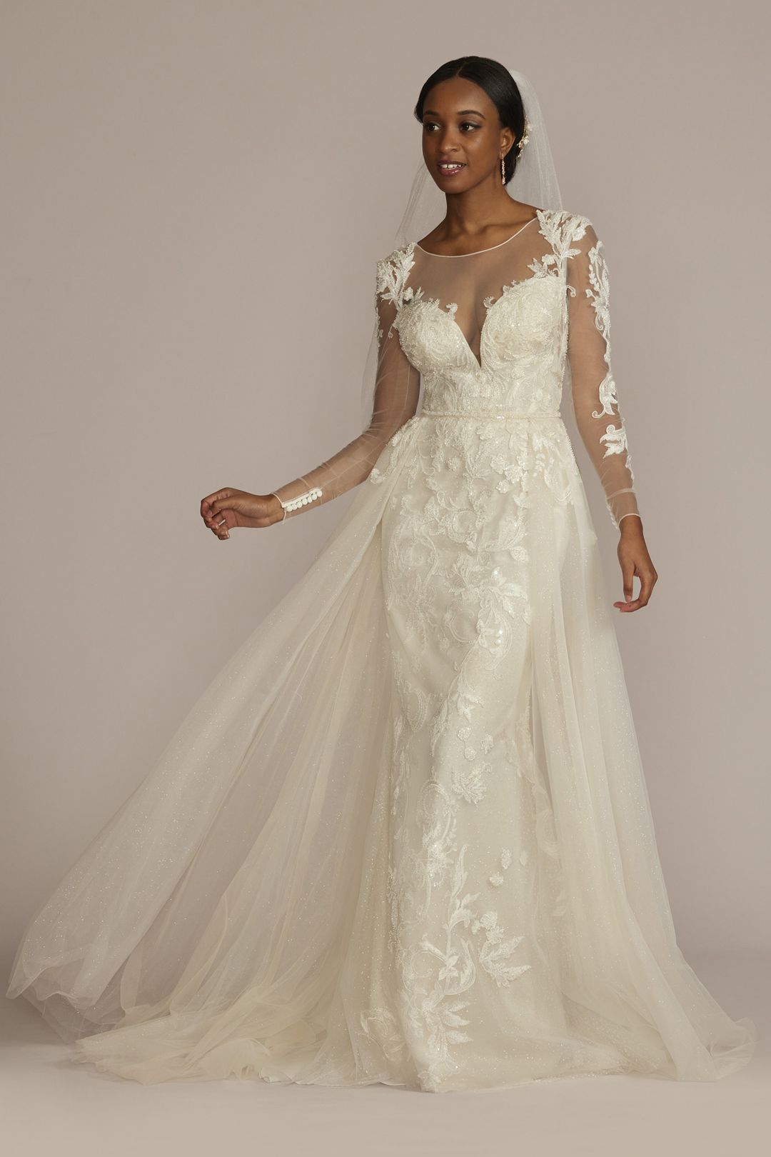 Vestido de novia sirena con falda desmontable y mangas largas, MARFIL/PIEDRA, hi-res