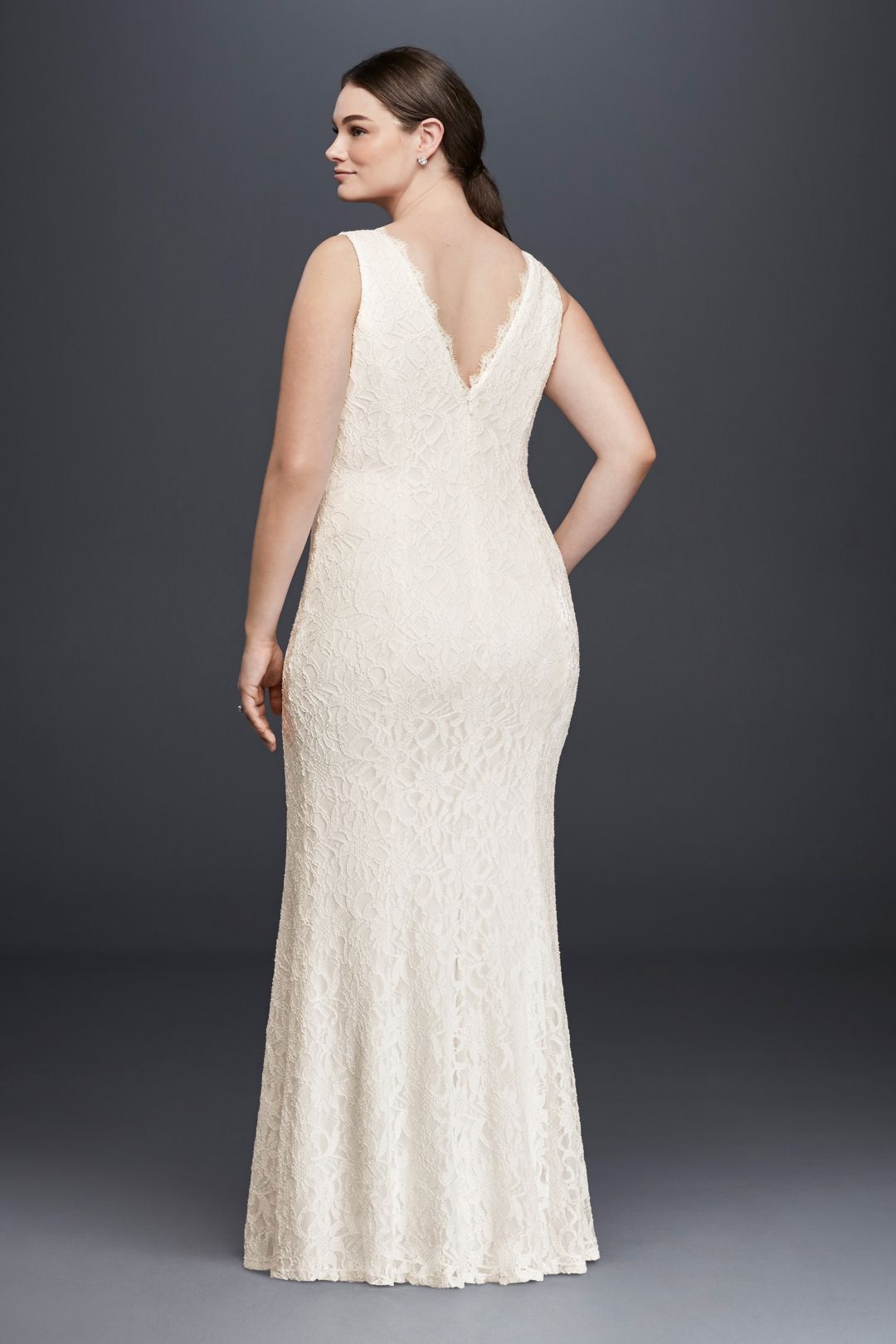 Vestido de novia recto de encaje con escote en V, MARFIL, hi-res