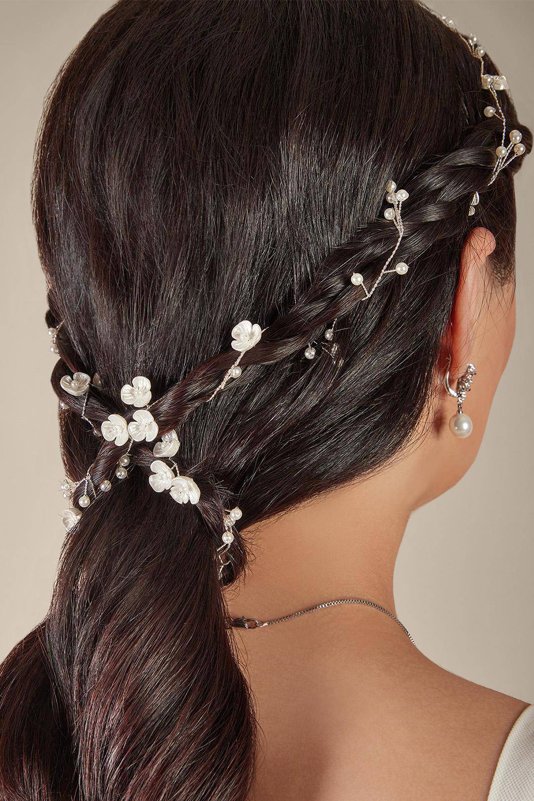 Diadema floral con perlas, PLATA, hi-res