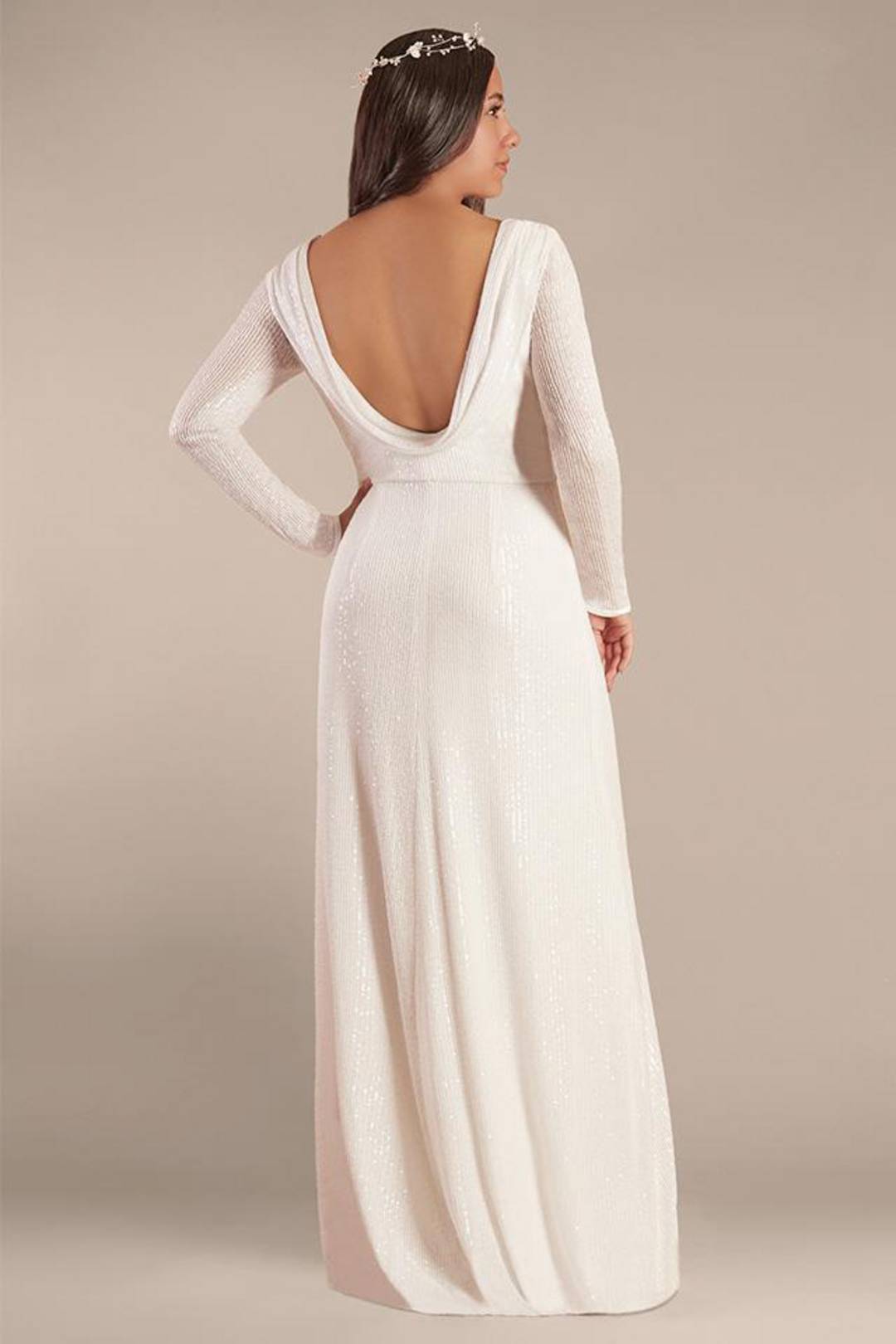 Vestido de novia recto de lentejuela y mangas largas., BLANCO SUAVE, hi-res