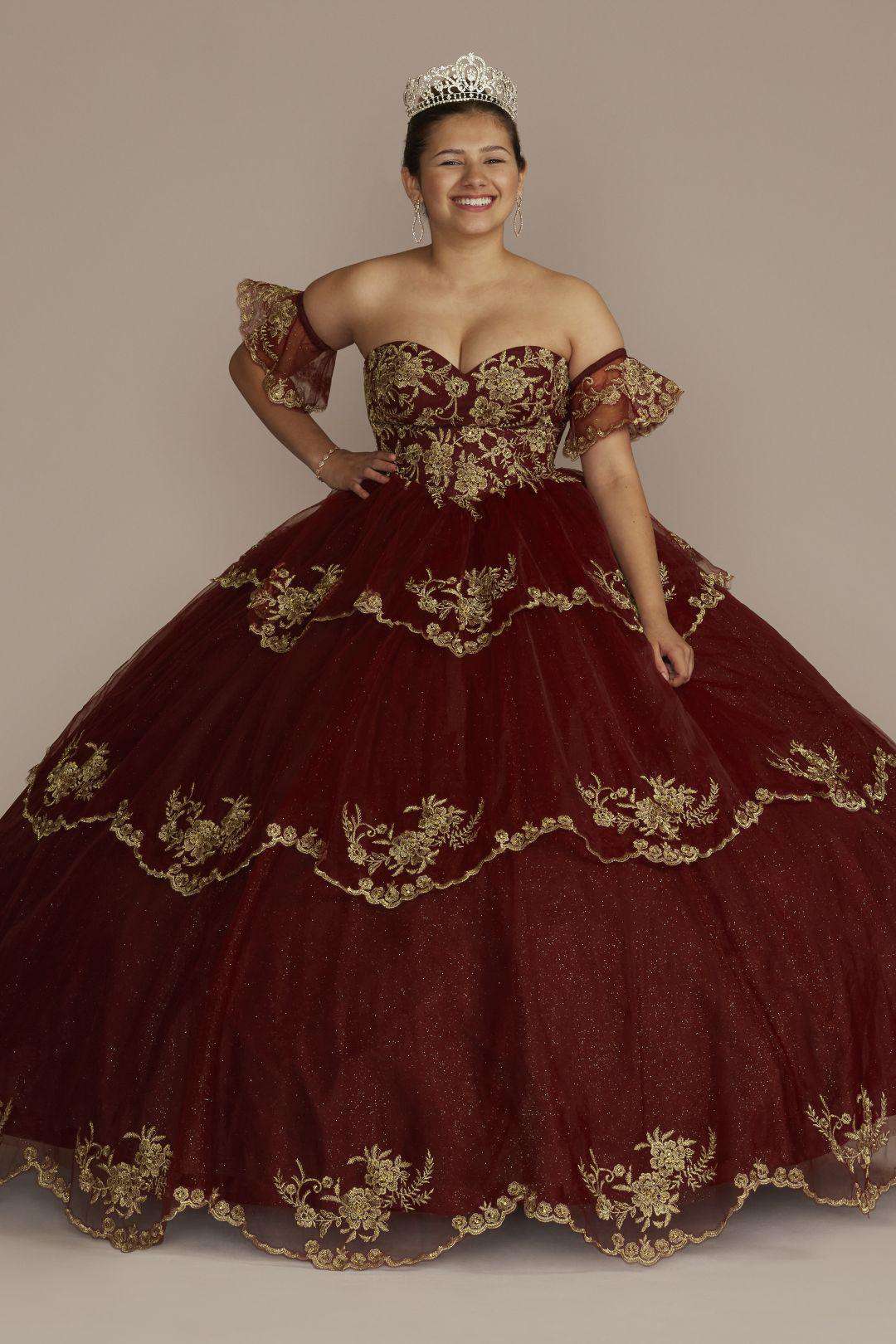 Vestido de quinceañera rojo con encaje floral y falda de tul, VINO/DORADO, hi-res