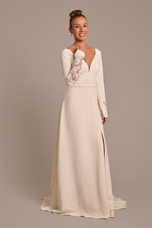 Vestido de novia recto liso con aplicaciones de encaje, MARFIL, hi-res