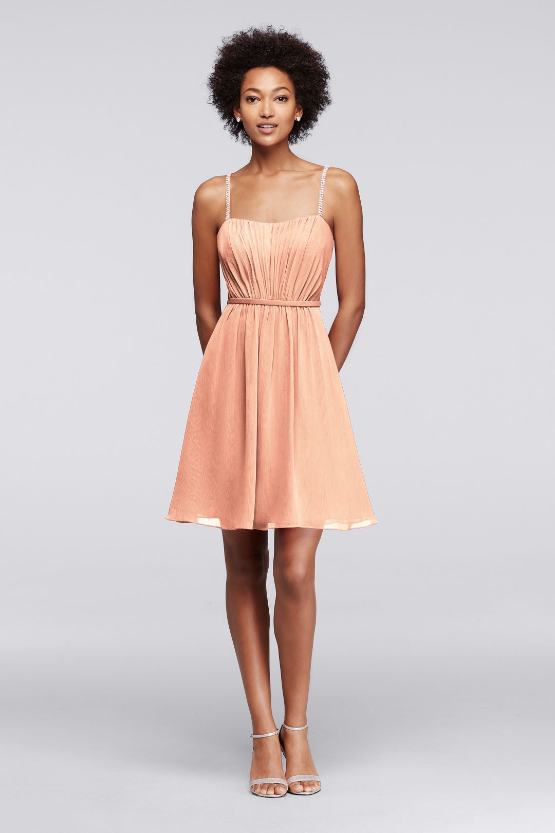 Vestido de dama corto con tirantes de pedrería, BELLINI, hi-res