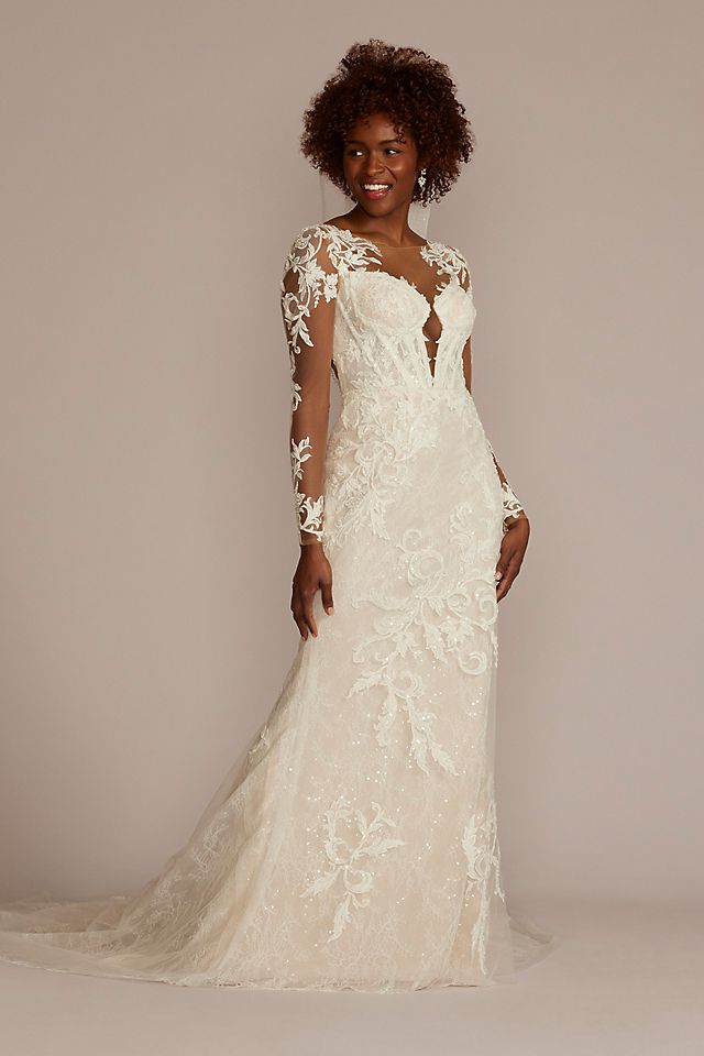 Vestido de novia recto con mangas largas y transparencias en espalda, MARFIL/PIEDRA, hi-res
