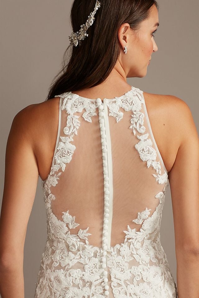 Vestido de novia sirena con escote profundo halter y encaje floral, MARFIL SOLIDO, hi-res