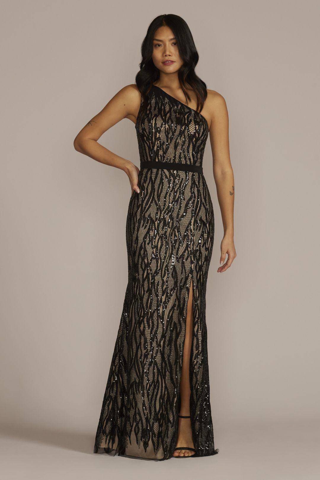 Vestido largo con escote asimétrico y aplicaciones de lentejuela, NEGRO/NUDE II, hi-res