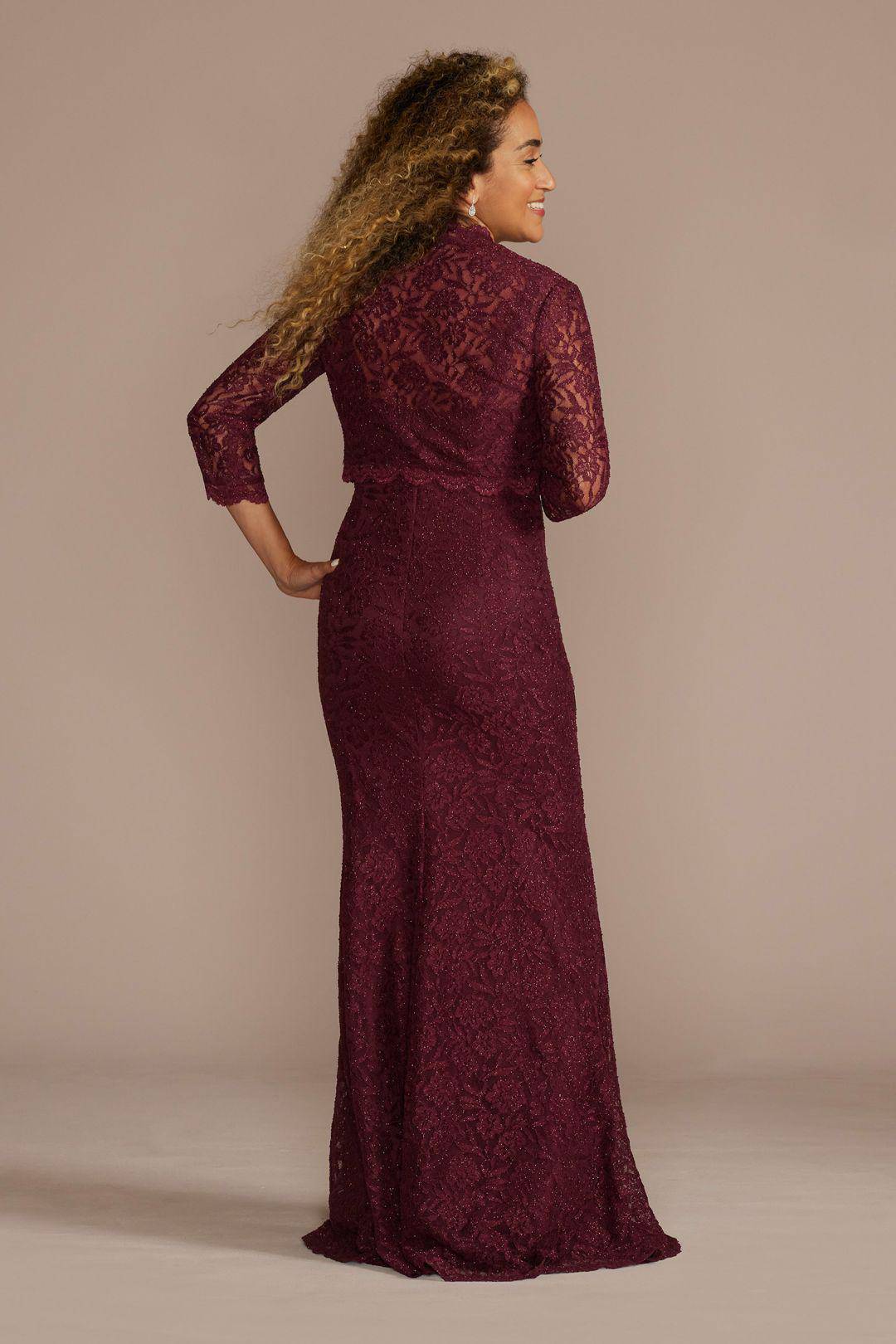 Vestido largo silueta sirena con bolero de encaje, VINO, hi-res