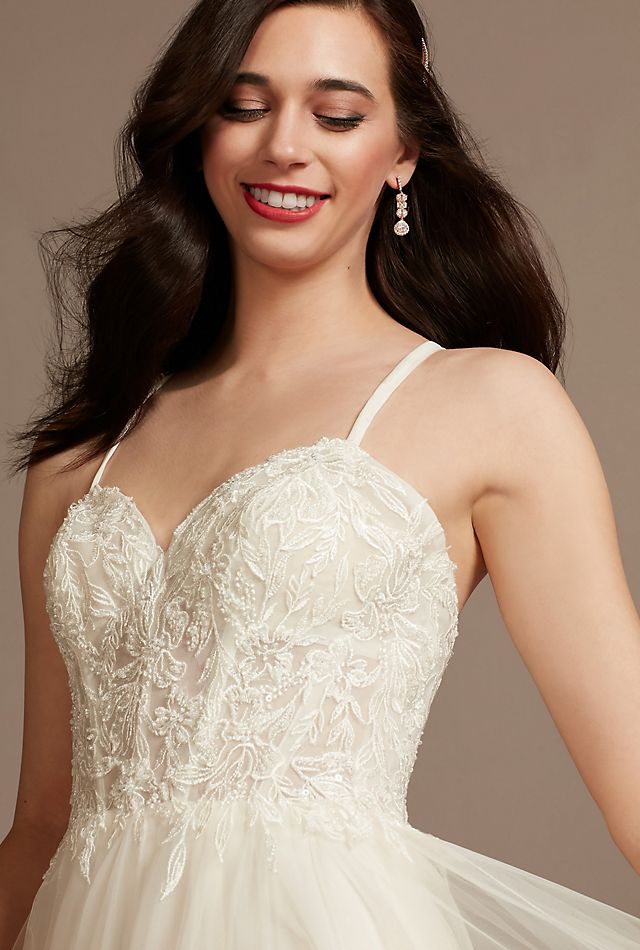 Vestido de novia línea A con corset y escote corazón, MARFIL, hi-res