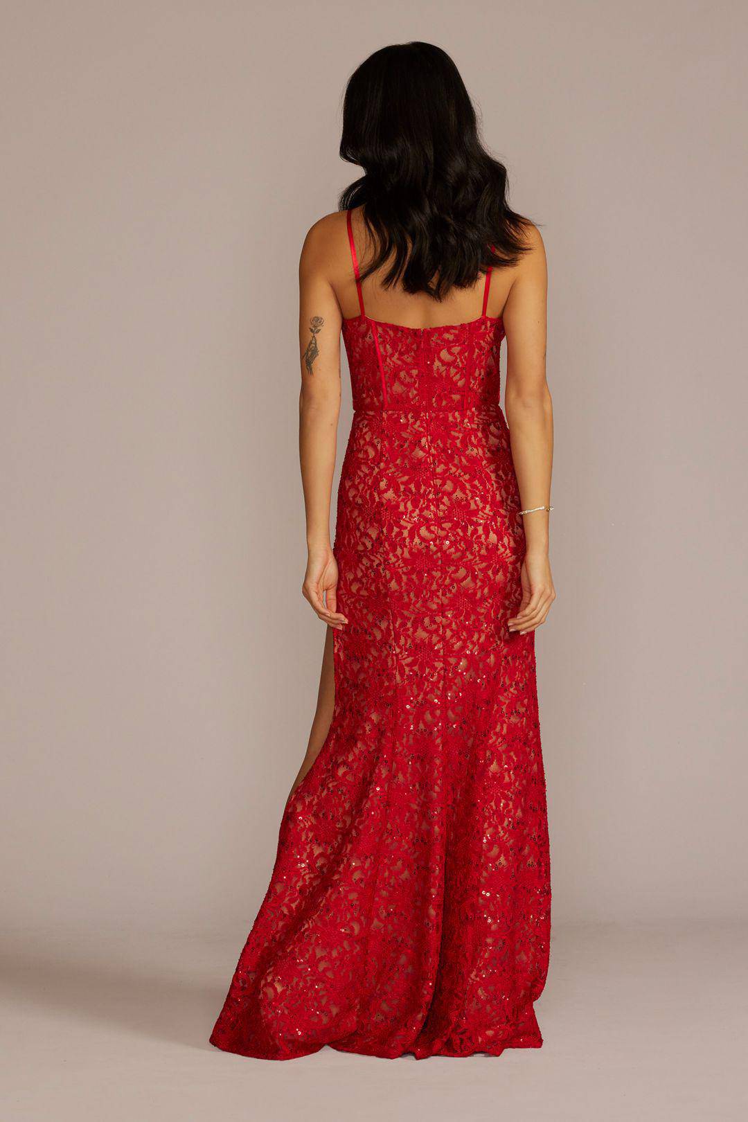 Vestido largo de encaje con corset escote corazón y abertura en pierna, RUBÍ, hi-res