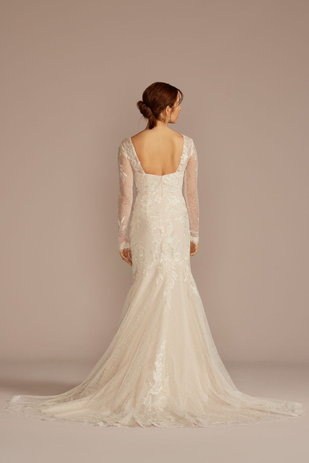 Vestido de novia sirena con manga larga con escote ilusión, MARFIL/PIEDRA, hi-res