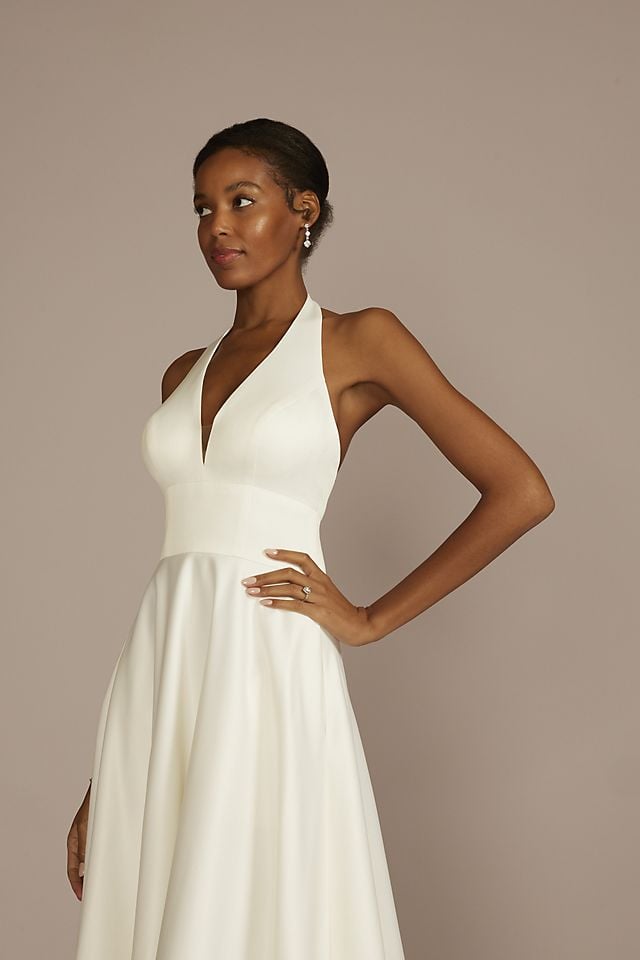 Vestido de novia línea A de satín mate y escote halter, MARFIL, hi-res