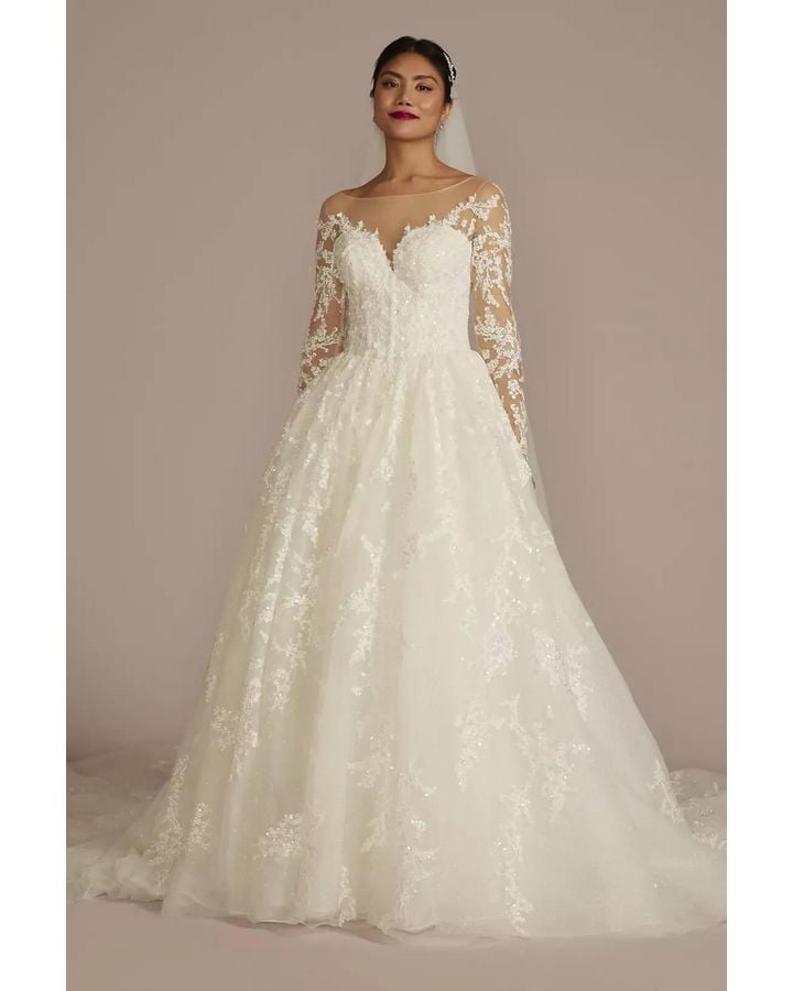 Vestido de novia con mangas y escote ilusión, MARFIL/PIEDRA, hi-res