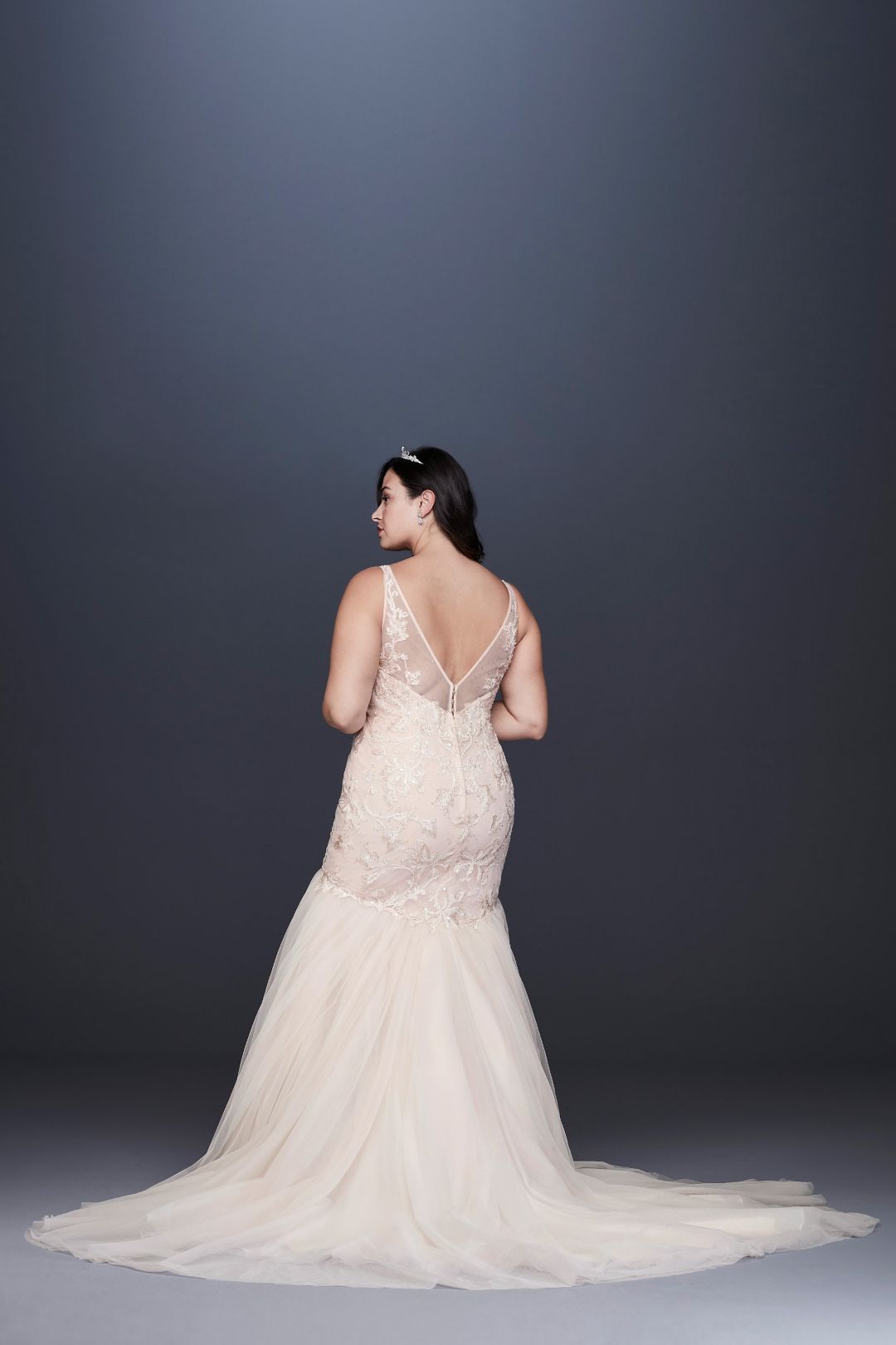 Vestido de novia sirena con aplicación de encaje floral y falda de tul, MARFIL/PIEDRA, hi-res