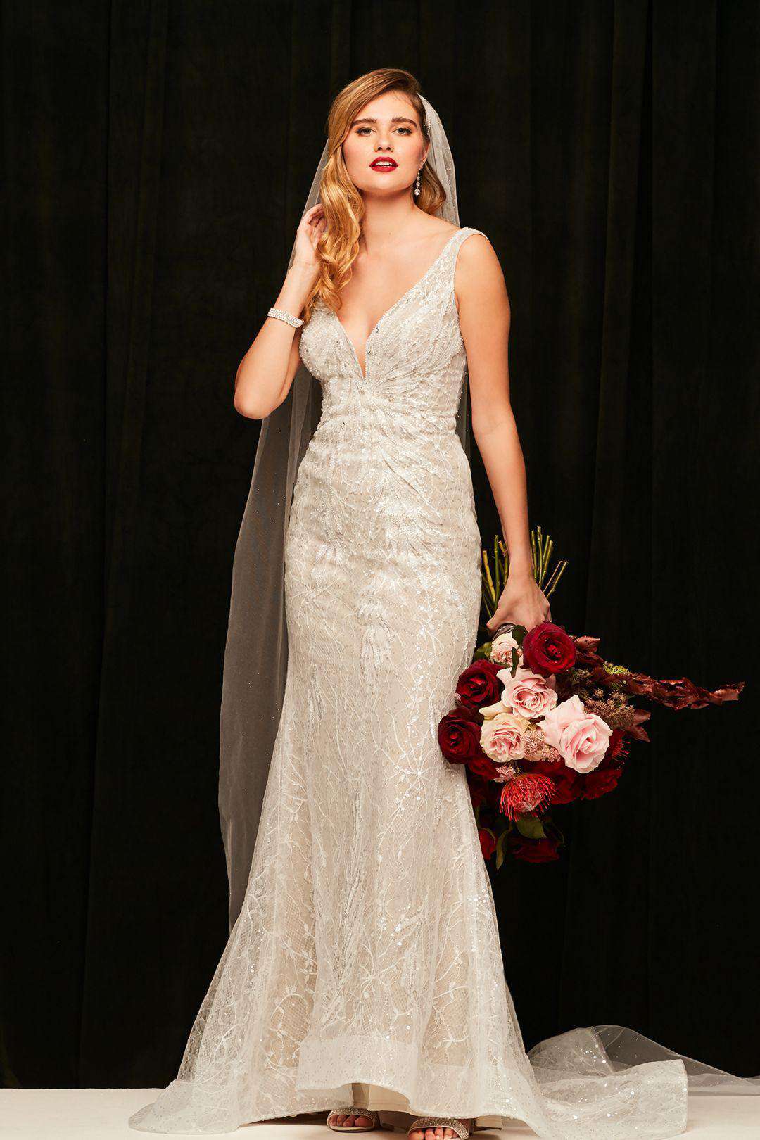 Vestido de novia recto de encaje con brillante pedrería, MARFIL TOSTADO, hi-res