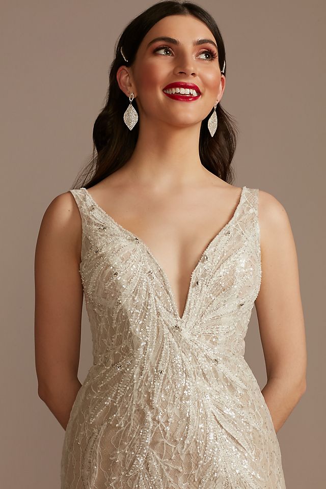 Vestido de novia recto de encaje con brillante pedrería, MARFIL TOSTADO, hi-res