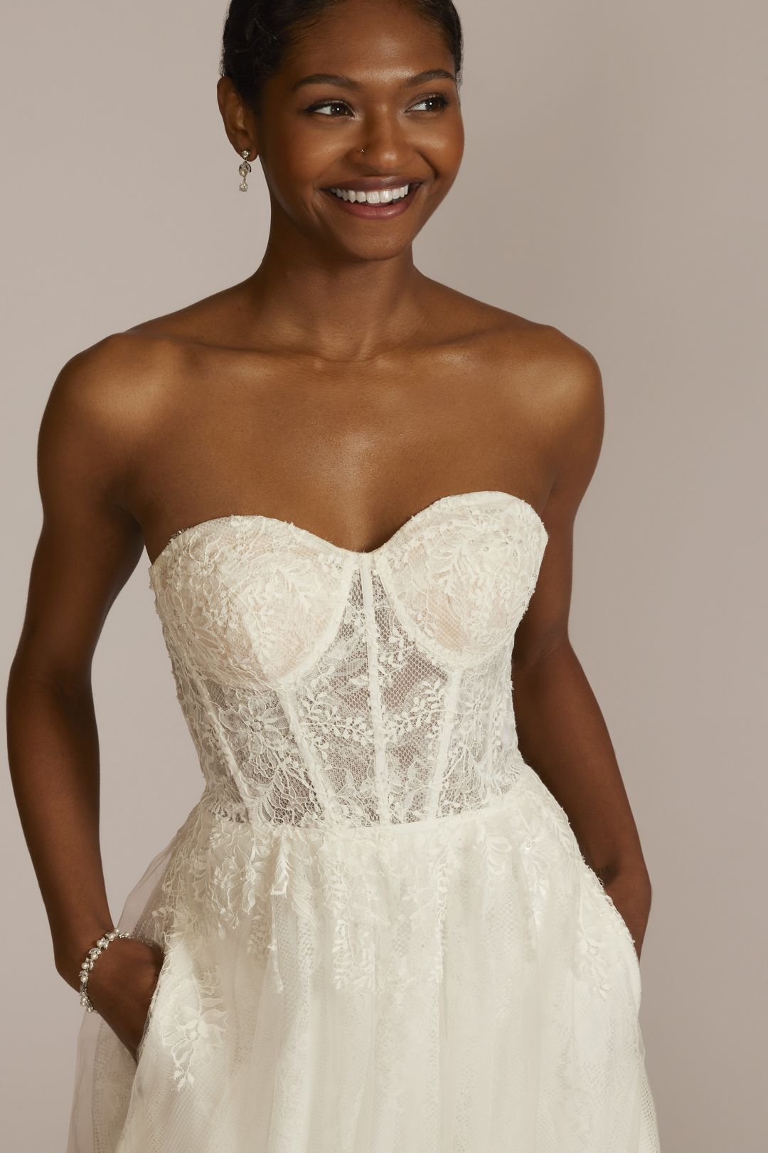 Vestido de novia línea A con corset y tirantes removibles, BLANCO SUAVE, hi-res