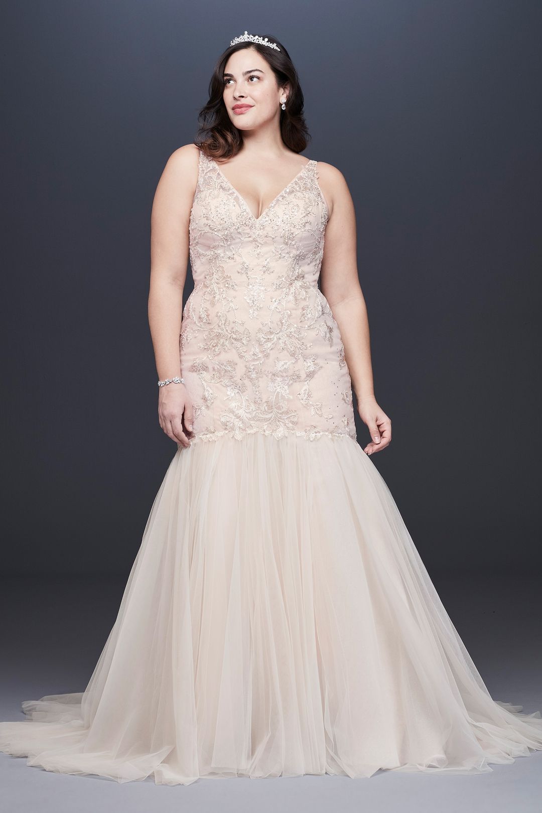 Vestido de novia sirena con aplicación de encaje floral y falda de tul, MARFIL/PIEDRA, hi-res