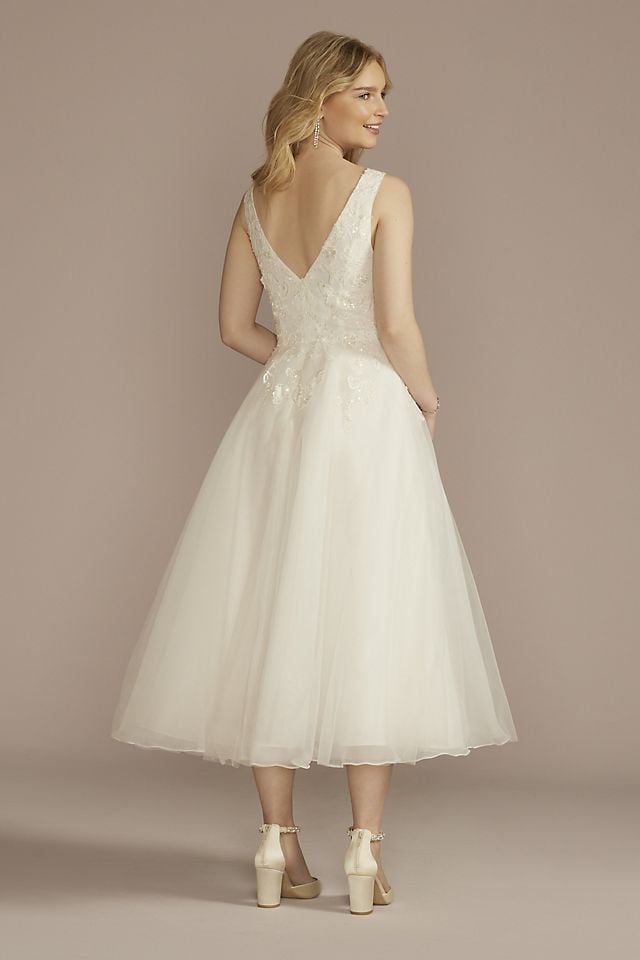 Vestido de novia midi con aplicaciones de encaje y brillo, BLANCO SUAVE, hi-res