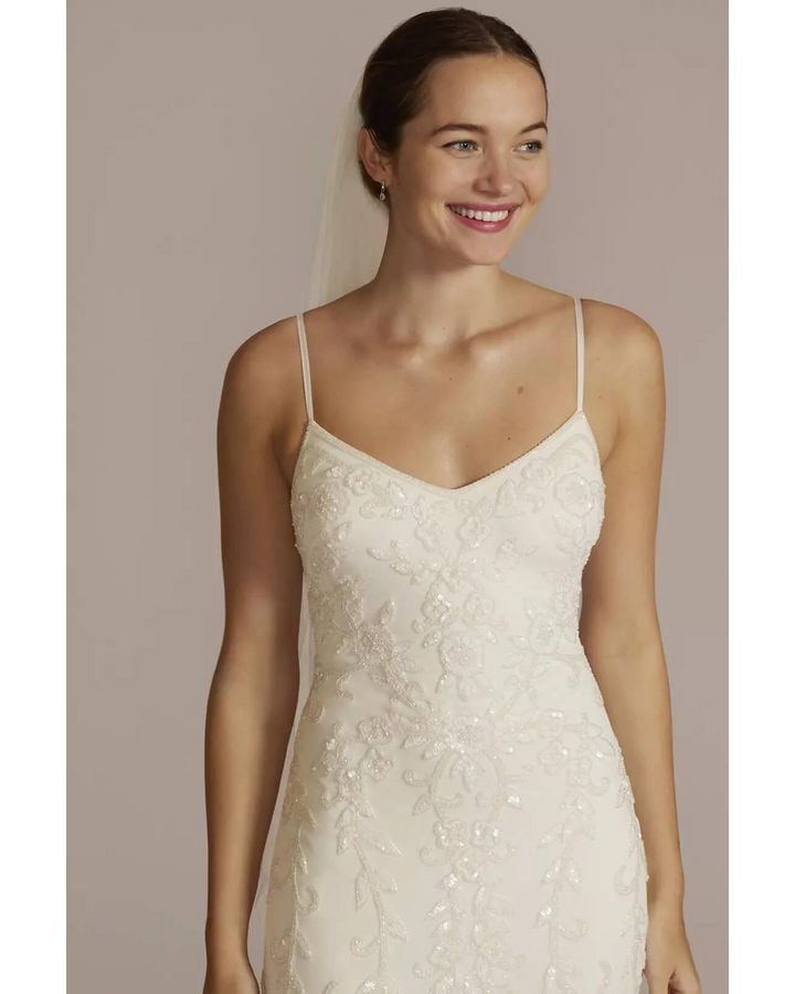 Vestido de novia con corte entallado y godet de flores y cuentas, BLANCO SUAVE, hi-res