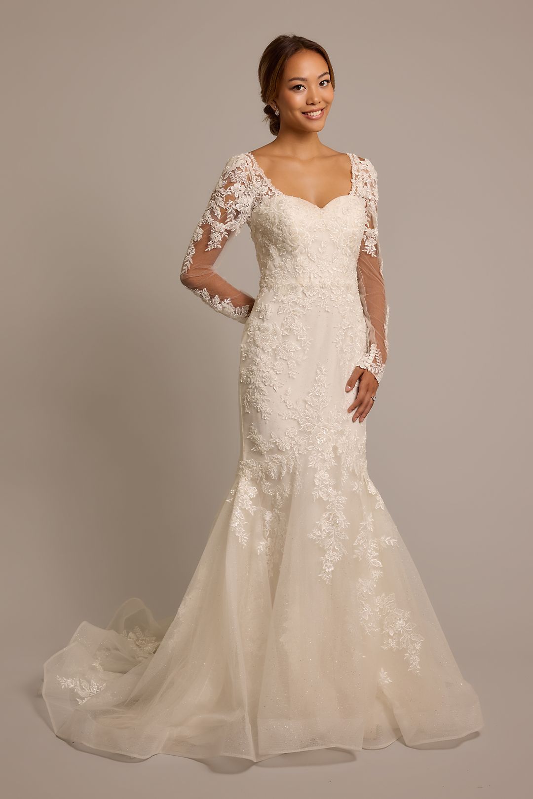 Vestido de novia sirena con mangas largas de encaje, MARFIL/PIEDRA, hi-res