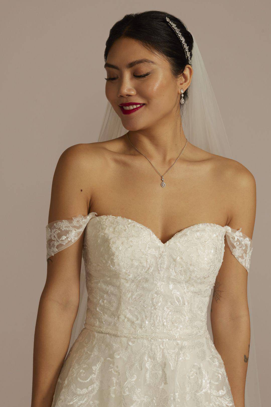 Vestido de novia línea A con falda de tul y mangas desmontables, MARFIL, hi-res