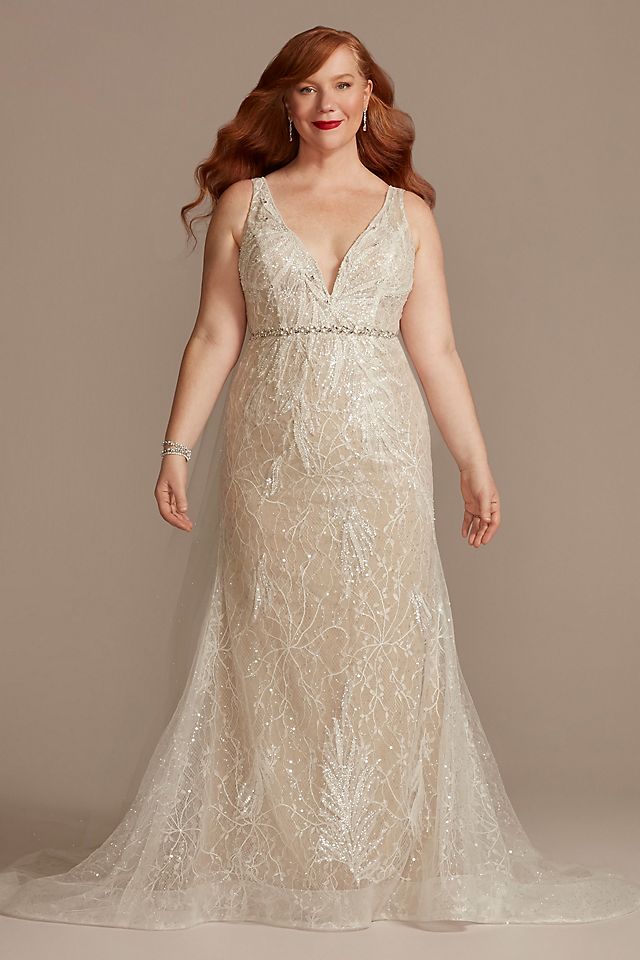 Vestido de novia recto de encaje con brillante pedrería, MARFIL TOSTADO, hi-res