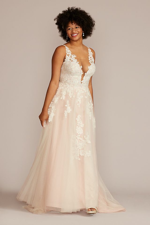 Vestido de novia línea A con escote profundo y aplicaciones florales, MARFIL/CASHMERE, hi-res